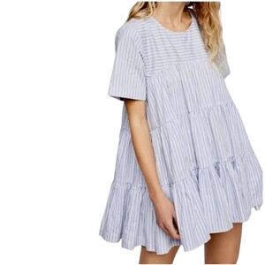 Free People Dress NWT Babydoll Tiered Womens Nautical Cotton Stripes Blue White